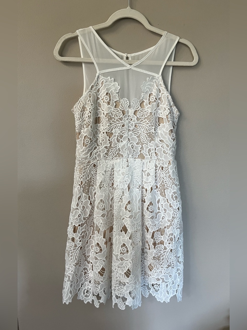 Francesca's White Floral Lace Mesh Yoke Sleeveless Fit n Flare Dress size small